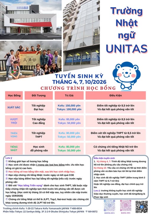 TRƯỜNG NHẬT NGỮ UNITAS TUYỂN SINH KỲ THÁNG 7 & 10/2026